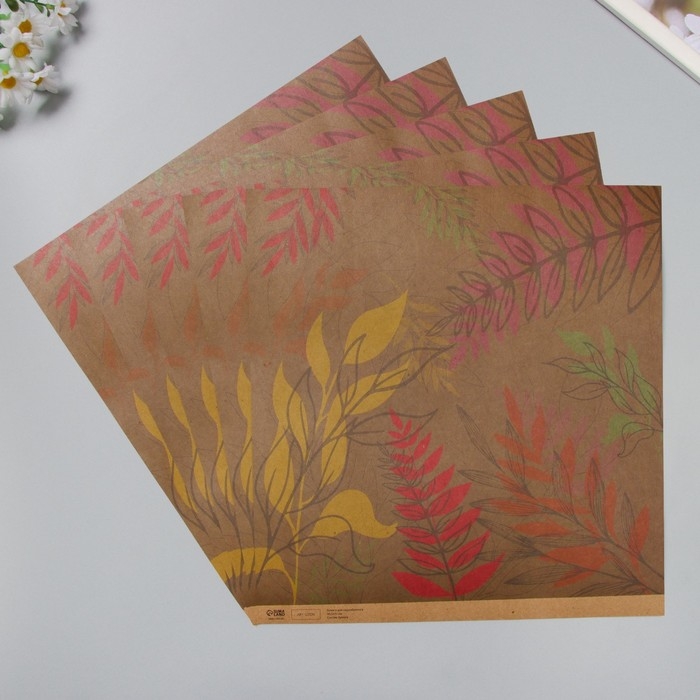 Бумага для скрапбукинга двусторонняя Бумага для скрапбукинга двусторонняя "Цветы и листья крафт" плотность 180 гр набор 5 шт 30,5х32 см