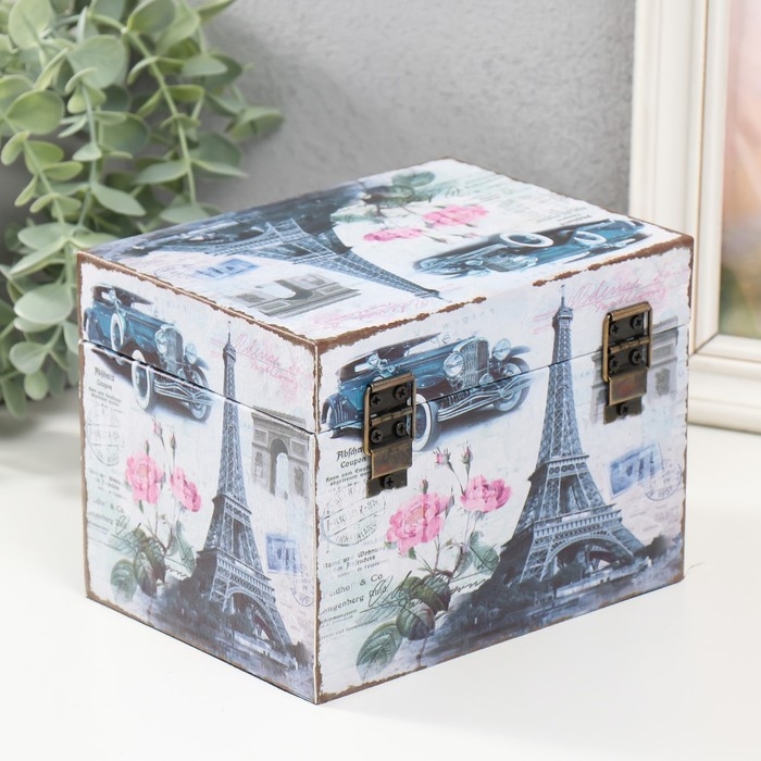 Шкатулка дерево "Эйфелева башня и пионы" 12х16х12 см