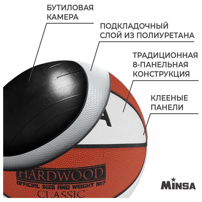 Баскетбольный мяч MINSA Hardwood Classic, PU, клееный, 8 панелей, р. 7, PU, бутиловая камера Баскетбольный мяч MINSA Hardwood Classic, PU, клееный, 8 панелей, р. 7, PU, бутиловая камера
