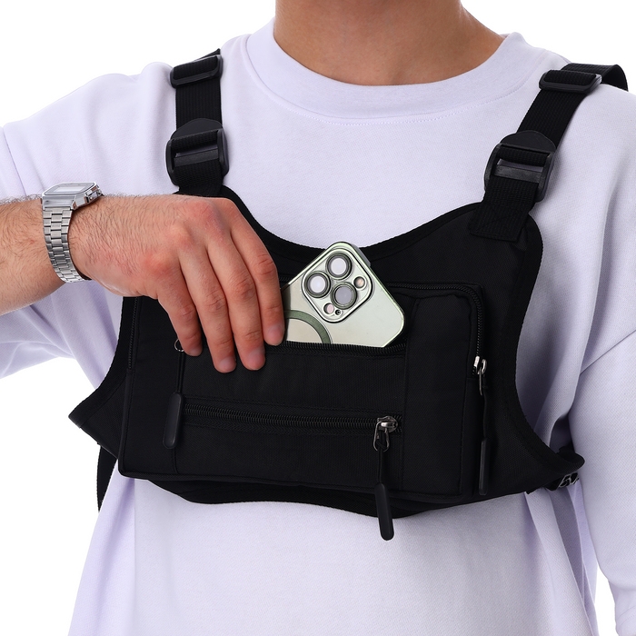 Сумка нагрудная на молнии, 2 наружных кармана, цвет чёрный Сумка нагрудная на молнии, 2 наружных кармана, цвет чёрный