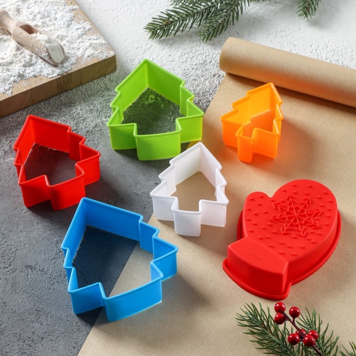 Набор для выпечки новогодний Доляна «Новогодняя», 6 предметов: форма для выпечки, набор форм для вырезания печенья 5 шт Набор для выпечки новогодний Доляна «Новогодняя», 6 предметов: форма для выпечки, набор форм для вырезания печенья 5 шт
