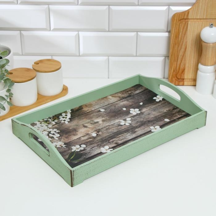Поднос деревянный для завтрака Поднос деревянный для завтрака "Прованс. Лепестки яблони", 43×27.5×7 см, зелёный