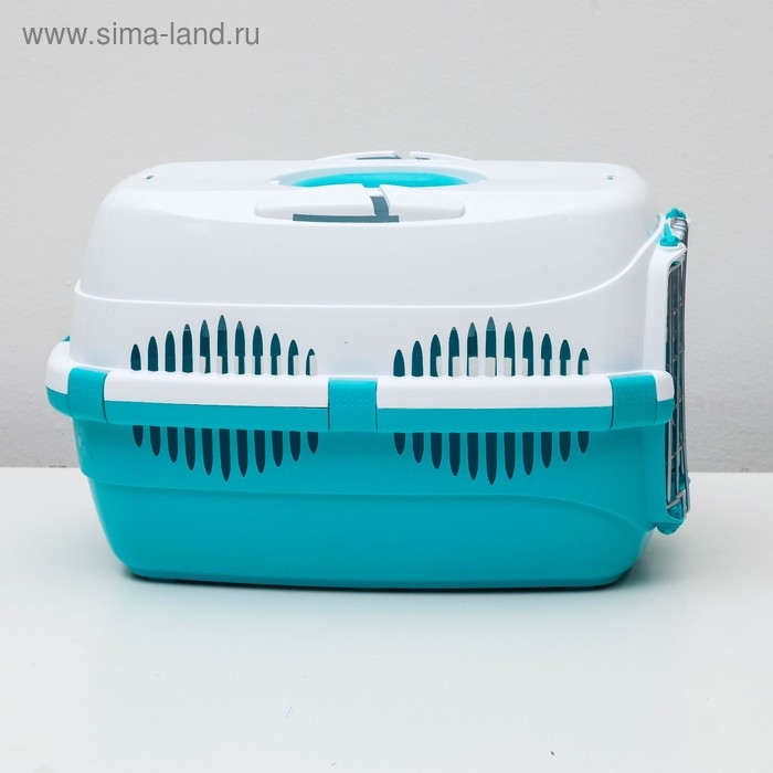 Переноска для животных до 9 кг  Переноска для животных до 9 кг "Пижон", металлическая дверь, 43х29х27,5 см, бело-бирюзовая