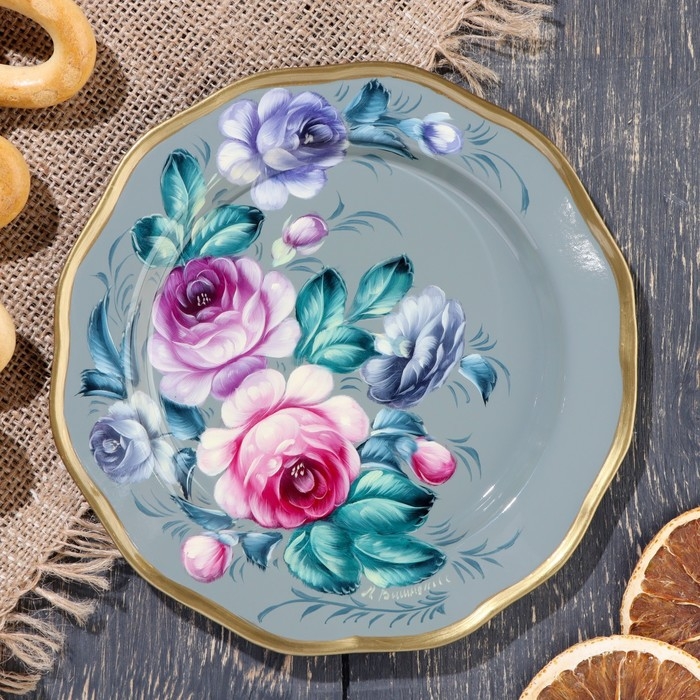 Поднос жостовский Поднос жостовский "Разноцветные Розы", тёмно-серый, круглый, D=17 см