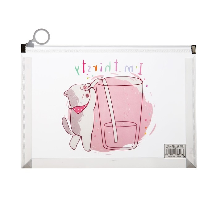 Папка-конверт на молнии формат А5, 180мкр, с рисунком Папка-конверт на молнии формат А5, 180мкр, с рисунком "Кот", МИКС