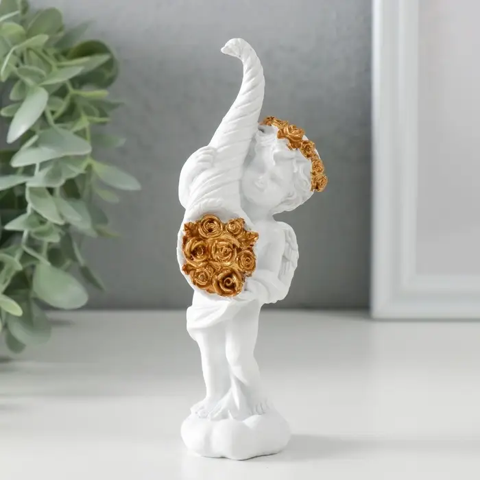 Фигурка полистоун &laquo;Белоснежный ангел с рогом с розами&raquo;, 5.5&times;4.5&times;13.5 см