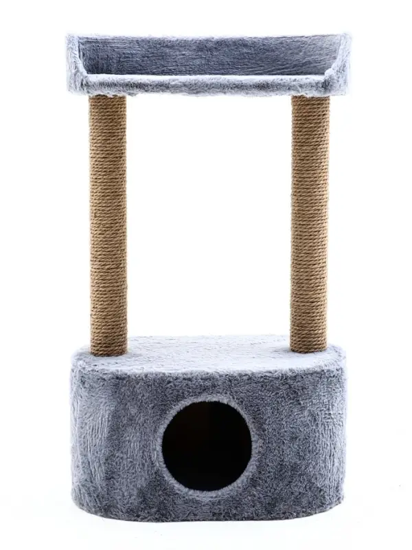 Домик для кошек с когтеточкой, овальной полкой, джут, 51×31×87 см, серый