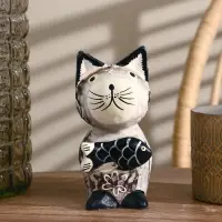 Сувенир дерево "Кошка с рыбкой" серая 8х15х17 см