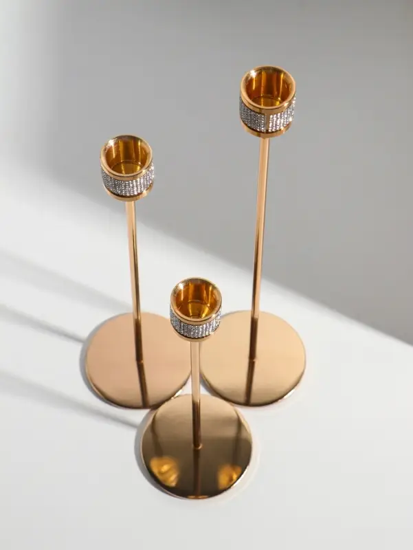 Подсвечник металл "Кольцо из страз" d=2,2 см набор 3 шт золото h=22, 27, 32 см