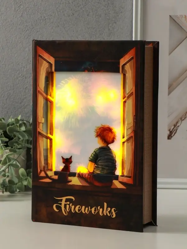 Шкатулка - книга световая &laquo;Малыш и кот наблюдают за салютом&raquo;, 28&times;19&times;6 см
