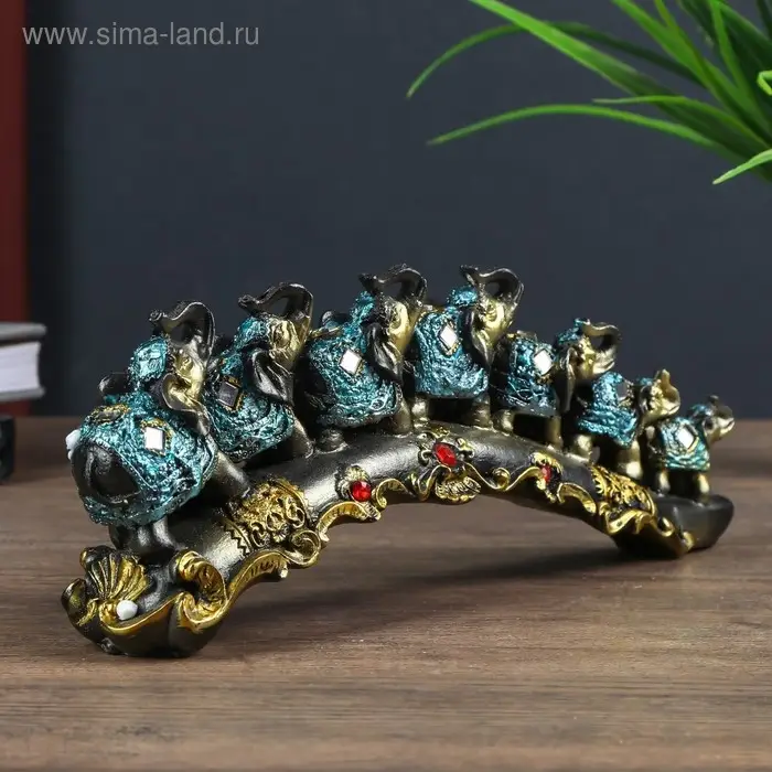 Сувенир полистоун Сувенир полистоун "Семь слонов в синей попоне с кистями и зеркалами на бивне" 10х5,5х28 см