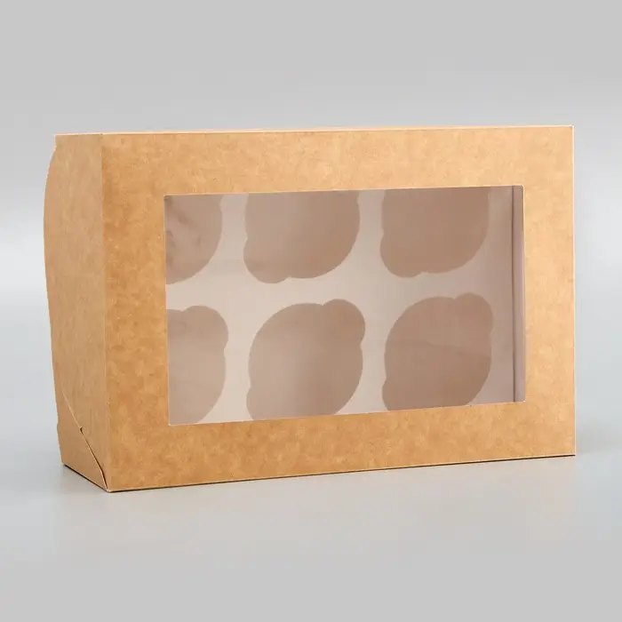 Коробка для 6 капкейков с окном, крафт, 25&times;17&times;10 см
