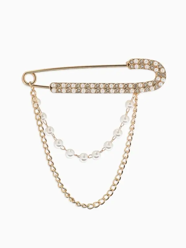 Булавка &laquo;Шик&raquo; в стразах, цепочка, жемчуг, L=7.5 см, цвет белый в золоте