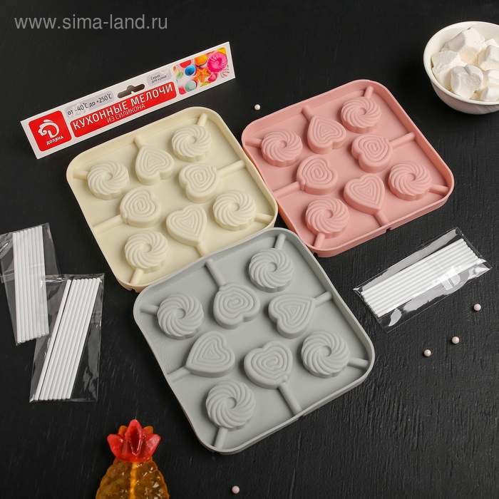 Форма для леденцов Доляна «Свидание», силикон, 14,5×14,5×1,5 см, 8 ячеек (3,5×3,5 см), с палочками, цвет МИКС Форма для леденцов Доляна «Свидание», силикон, 14,5×14,5×1,5 см, 8 ячеек (3,5×3,5 см), с палочками, цвет МИКС