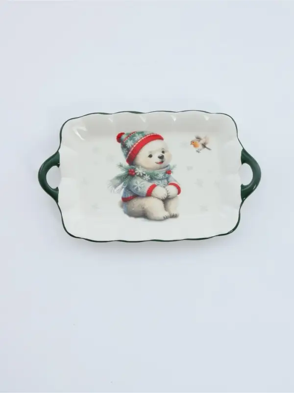 Блюдо сервировочное новогоднее Доляна &laquo;Белый мишка&raquo;, 23.5&times;14&times;2.2 см, доломит, белая, зелёная