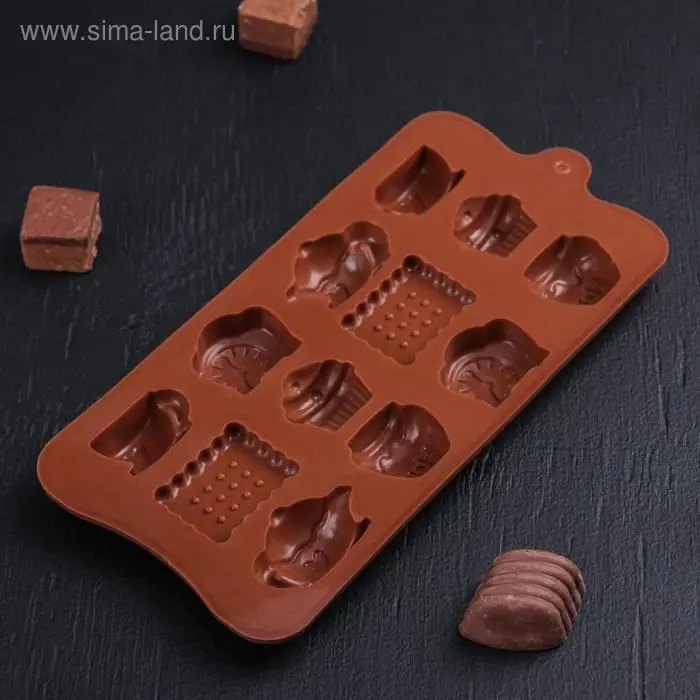 Форма силиконовая для украшений Доляна &laquo;Чаепитие&raquo;, 22.5&times;10.5&times;2 см, 12 ячеек, силикон, коричневая