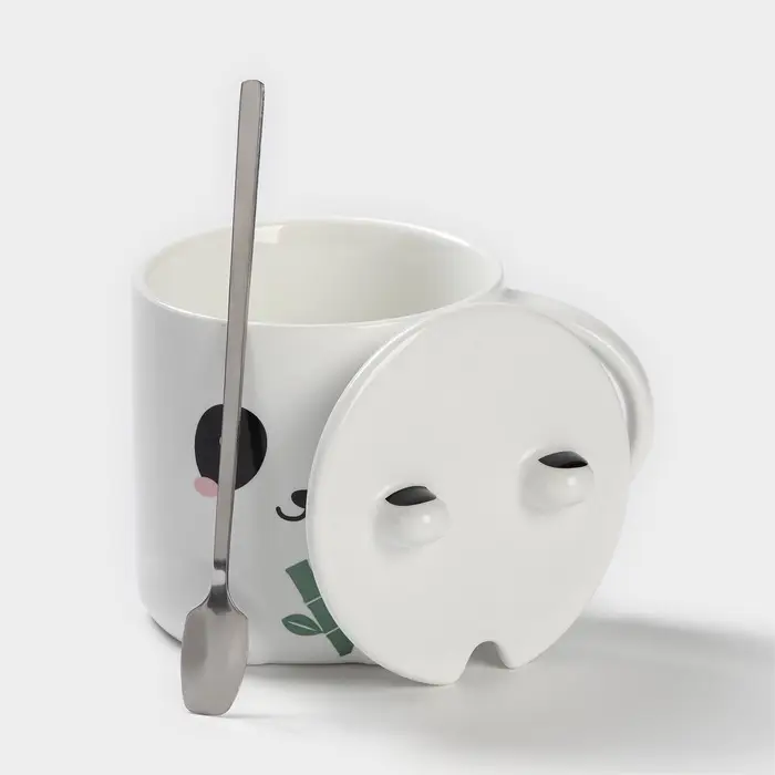 Кружка с ложкой &laquo;Панда&raquo;, 350 мл, керамика, белая