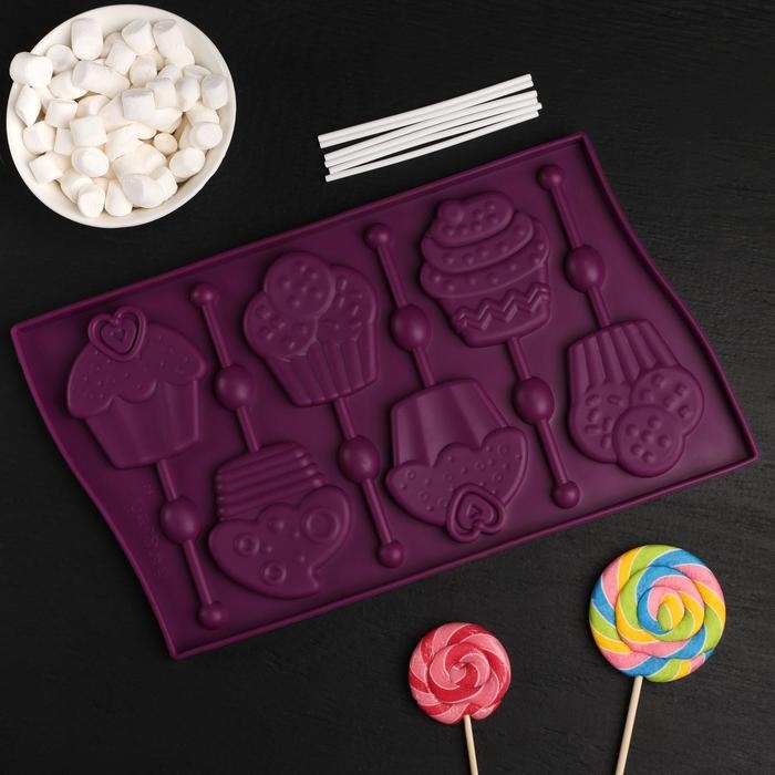 Форма для леденцов Доляна «Капкейк», силикон, 27,5×16,5 см, 6 ячеек (6×7 см), с палочками, цвет МИКС Форма для леденцов Доляна «Капкейк», силикон, 27,5×16,5 см, 6 ячеек (6×7 см), с палочками, цвет МИКС