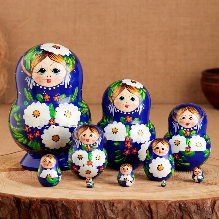 Матрёшка «Белые цветы», синее платье, 10 кукольная, 12 см Матрёшка «Белые цветы», синее платье, 10 кукольная, 12 см