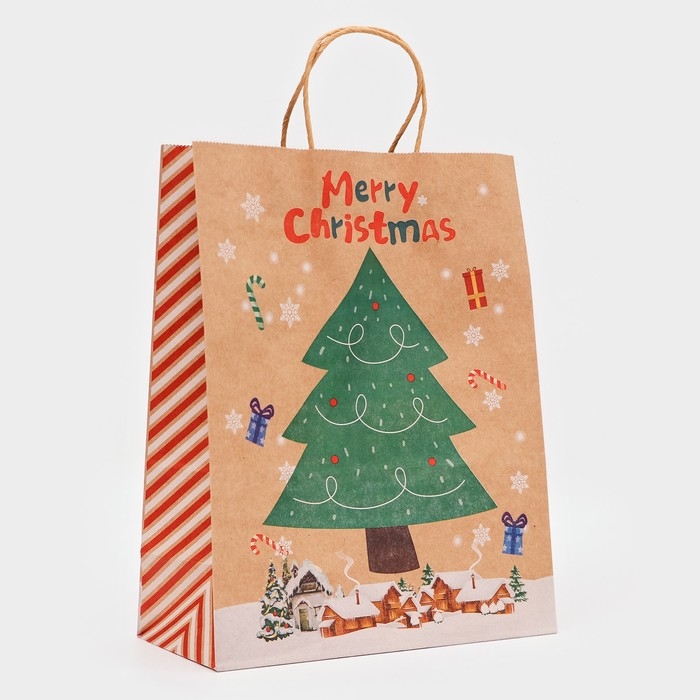 Новый год. Пакет бумажный подарочный новогодний крафт Новый год. Пакет бумажный подарочный новогодний крафт "Новогодняя ёлка", 33 × 26 × 12 см.