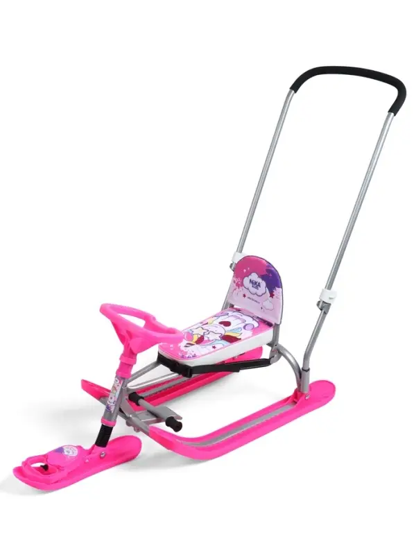 Снегокат Twiny 2+ с единорогом, со спинкой, с родительской ручкой, розовый, TW2-M/EP Nika Kids