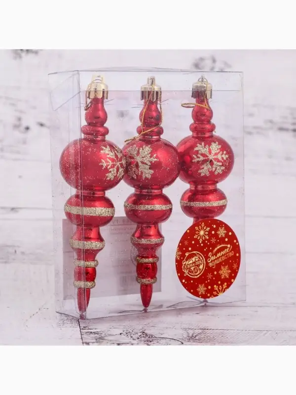 Ёлочные игрушки 3 шт. &laquo;Сосулька со снежинкой&raquo;, 3.5&times;12 см, красный