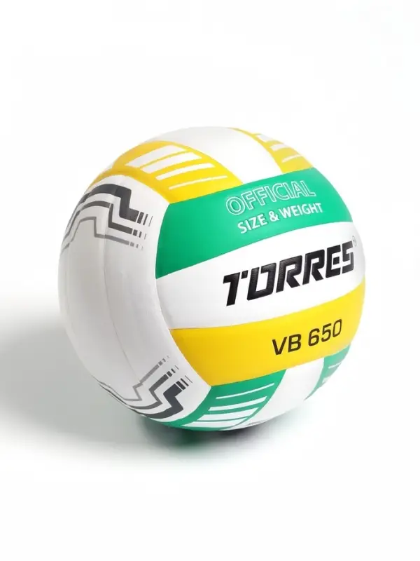 Волейбольный мяч TORRES VB 650, размер 5, бутиловая камера, клееный, полиуретан, бело-зелёно-жёлтый