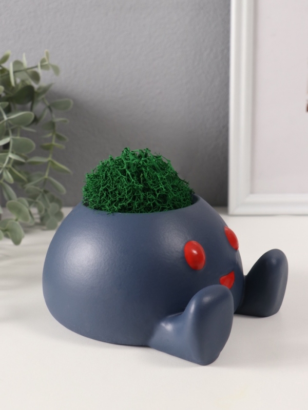 Кашпо бетонное "Шар с глазами" со мхом 12*13,5*7 см кобальт (мох зеленый стабилизир.)