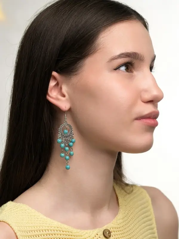 Серьги &laquo;Бирюзовый мир&raquo;, круг и 5 дорожек бусинок, голубые в чернёном серебре