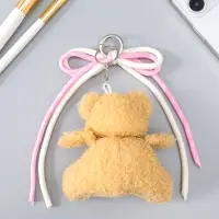 Брелок текстиль "Мишка с бело-розовым бантиком" бежевый 6х9,5х20 см