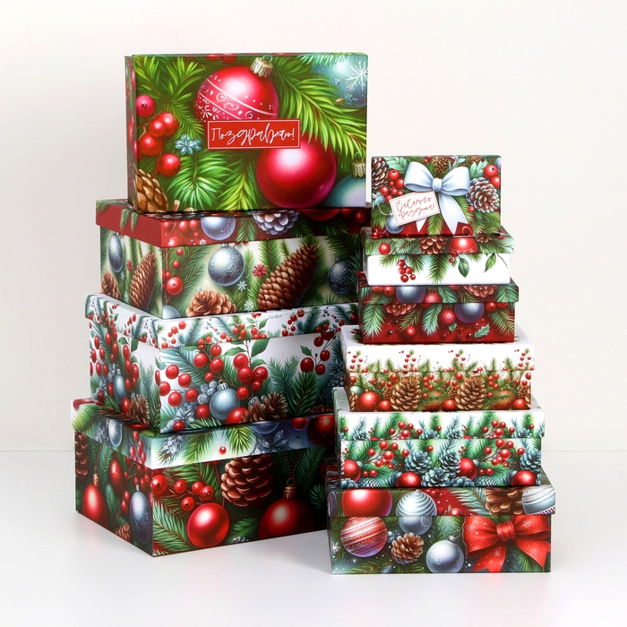 Набор подарочных новогодних коробок 10 в 1 Набор подарочных новогодних коробок 10 в 1 "Украшения на ёлку", 32,5 х 20 х 12,5 - 12 х 7 х 4 см. Новый год