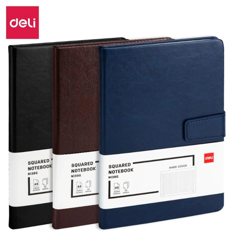 Блокнот Deli А5 96л 80 г/м тверд.облож,магнит клетка 5x5мм черн кожа EN138G