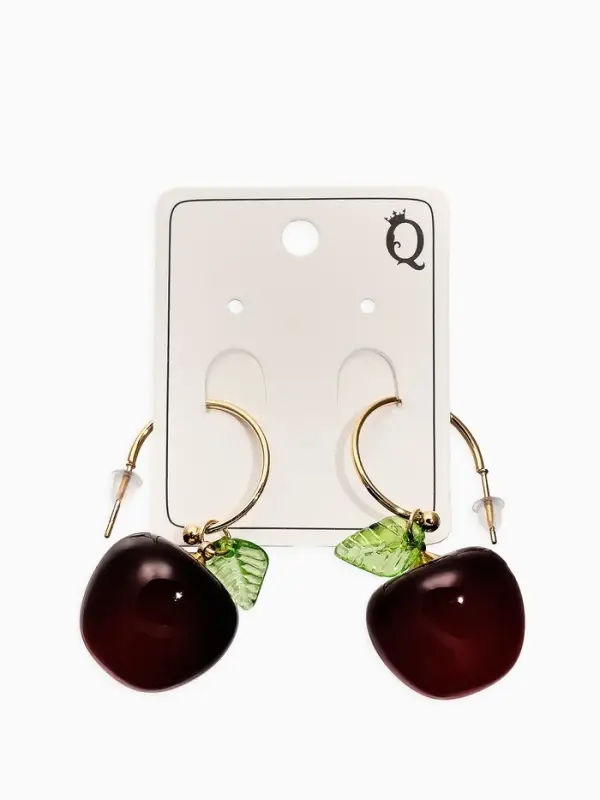 Серьги-кольца Серьги-кольца "Черешня с листочком", цвет бордовый в золоте