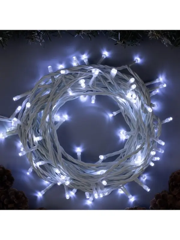Гирлянда &laquo;Нить&raquo; 10 м, IP44, белая нить, 100 LED, свечение белое, 8 режимов, 220 В