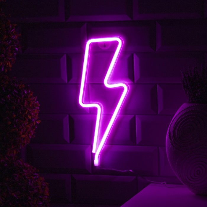 Неоновая вывеска «Молния» 13 × 33.5 см, батарейки ААх3 (не в комплекте), USB, свечение розовое