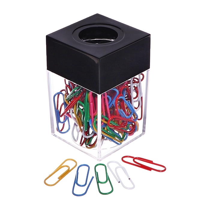 Скрепочница квадратная с магнитом прозрачная пластик, скрепки цветные 100 штук Скрепочница квадратная с магнитом прозрачная пластик, скрепки цветные 100 штук