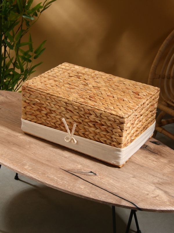 Корзинка прямоугольная с крышкой и тканевым подкладом, 44х30х20 см, водный гиацинт