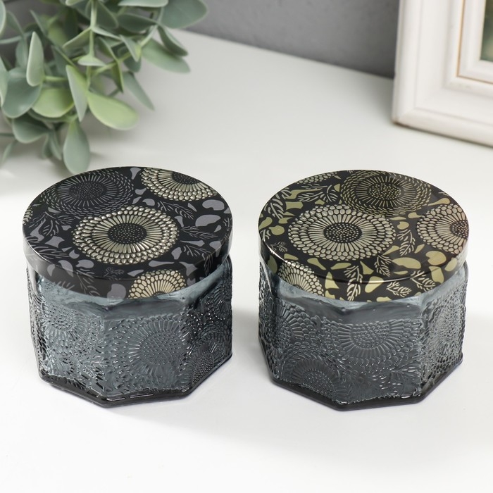 Банка для свечей стекло с крышкой Банка для свечей стекло с крышкой "Цветочная" серая, многогранник 5х7х7 см, МИКС