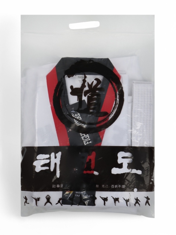 Добок (кимоно) для Тхэквондо, белый, черно-красный ворот, детский, размер 130