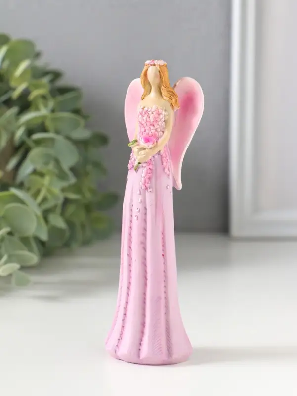 Сувенир полистоун "Девушка-ангел в розовом платье усыпанном цветами" 4х3,5х13 см