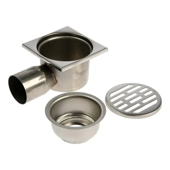 Трап ZEIN engr, 100&times;100 мм, горизонтальный, d=50 мм, угловой выпуск, нержавеющая сталь