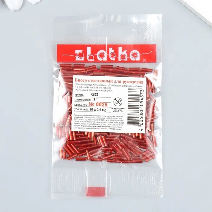 Бисер  Бисер "Zlatka" стеклярус 10 г, размер 3", 6 мм, №0025 красный МИКС 93"78547