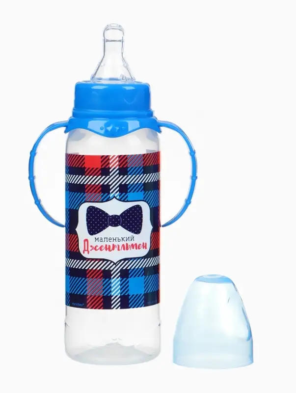 Бутылочка для кормления малыша M&B &laquo;Маленький джентльмен&raquo;, классическое горло, с ручками, от 3 мес., 250 мл., синяя