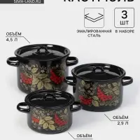 Набор кастрюль эмалированных &laquo;Рябина&raquo;, 3 предмета: 1.5 л, 2.9 л, 4.5 л, чёрный