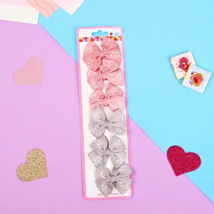 Зажим для волос "Бантик" полоса в горошек, 5,5 см, серый и розовый