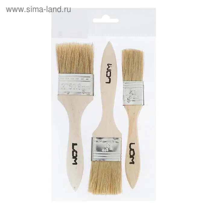 Набор кистей ЛОМ, натуральная щетина, деревянная рукоятка, 1-1.5-2", 25, 38, 50 мм