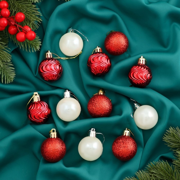 Набор шаров пластик d-4 см, 12 шт Набор шаров пластик d-4 см, 12 шт "Мелодия" волны блеск, белый красный