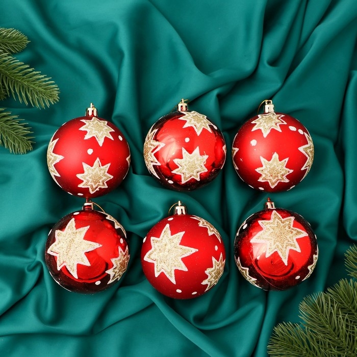 Набор шаров пластик d-8 см, 6 шт Набор шаров пластик d-8 см, 6 шт "Полночь" красный