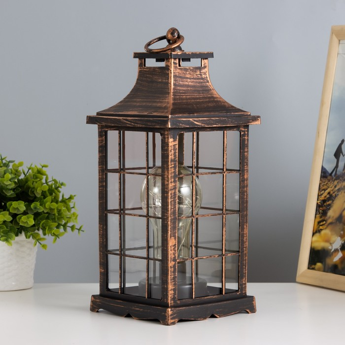 Ночник Ночник "Фонарь лофт " LED черный с медной патиной 13х13х31 см RISALUX