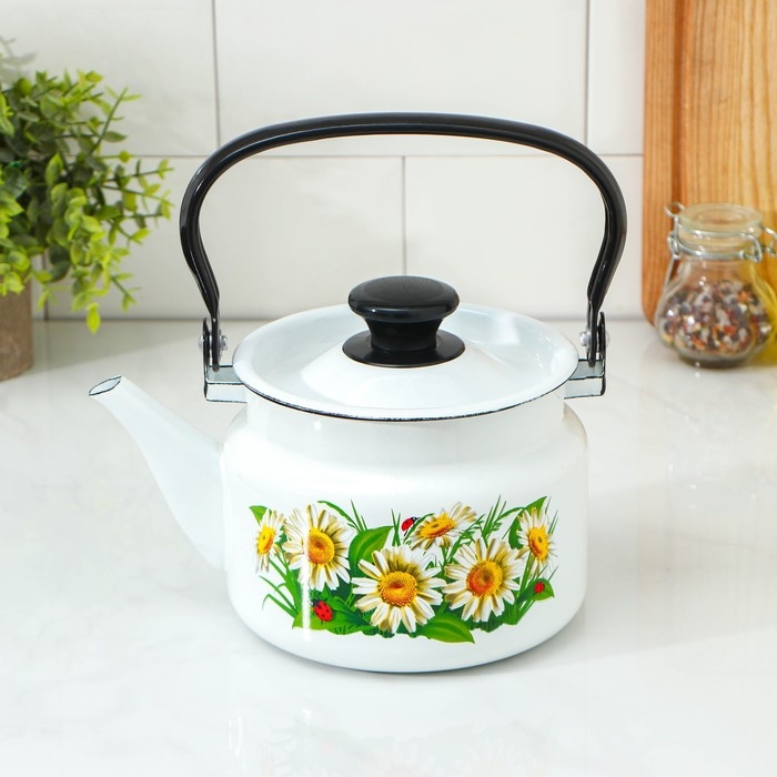 Чайник эмалированный цилиндрический, 1,5 л, деколь МИКС, цвет белый Чайник эмалированный цилиндрический, 1,5 л, деколь МИКС, цвет белый